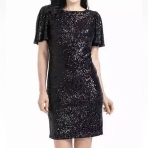 BLACK sequined NEW bling DRESS Small stretch Lined SHORT sleeve pullover formal